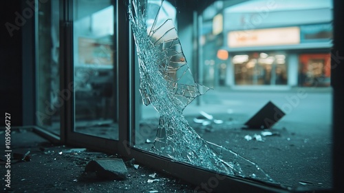 Damaged glass door with shattered pieces on the ground , broken, shattered, impact, shop window, damage, accident