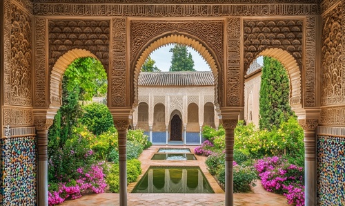 Ornate archway leads to a garden with a pond.