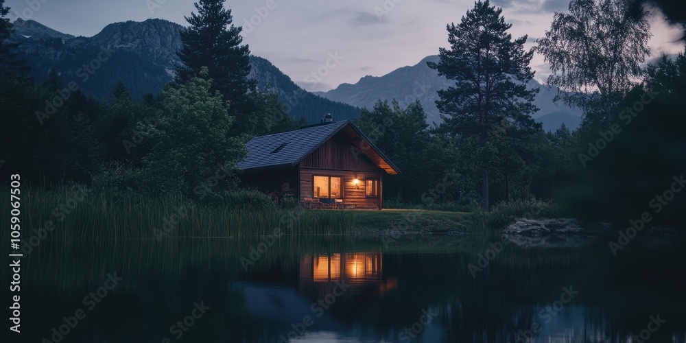 Obraz premium Cabin by the Lake with Mountain View in the Evening