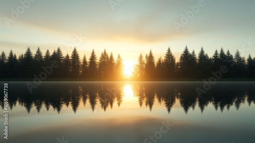 Wide shot of a stunning sunset over a tranquil lake, with silhouettes of trees reflecting on the water surface, Photorealistic