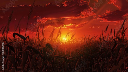 Breathtaking sunset over cornfield captured with canon r8, showcasing tranquility and detail photo