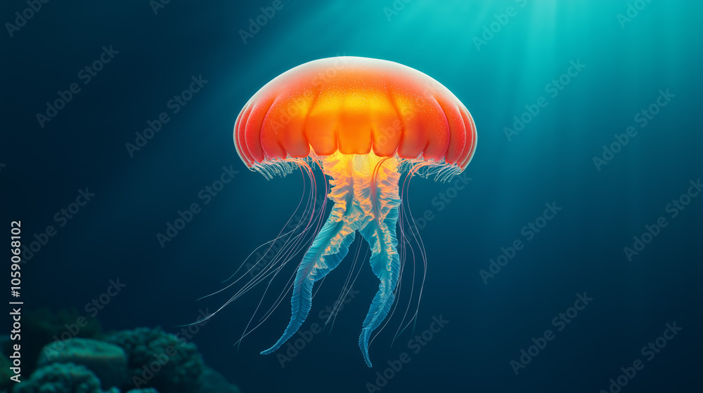 Naklejka premium Glowing Jellyfish Drifting in Deep Blue Ocean Waters