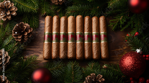 Warm and Inviting Christmas Background Featuring Artisanal Cigars, Pinecones, and Festive Decorations