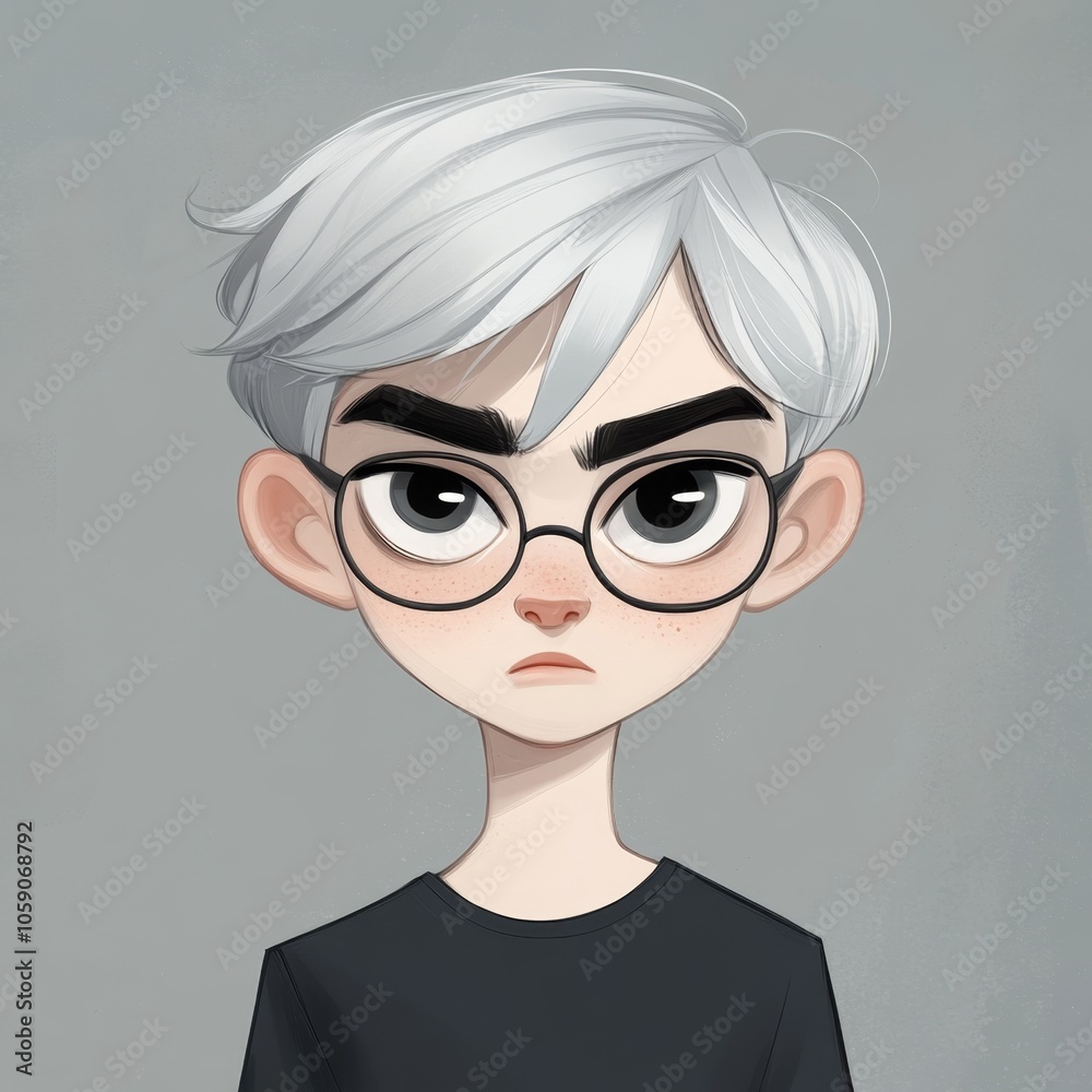 Cartoon illustration of a young man with short silver hair, glasses, and a serious expression. Cartoon illustration of a young man with short silver hair, glasses, and a serious expression.