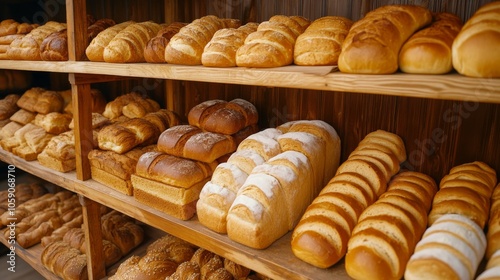 Bakery shop with assortment of bread on shelves. High quality photo