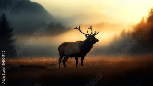 Majestic elk standing in a misty forest meadow during sunrise with golden light illuminating the landscape