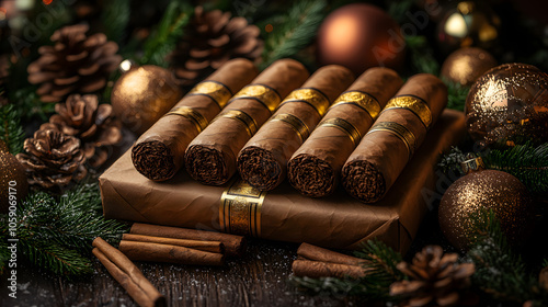 A Luxurious Holiday Background Highlighting Handmade Cigars with Vibrant Celebratory Decorations for Seasonal Publications