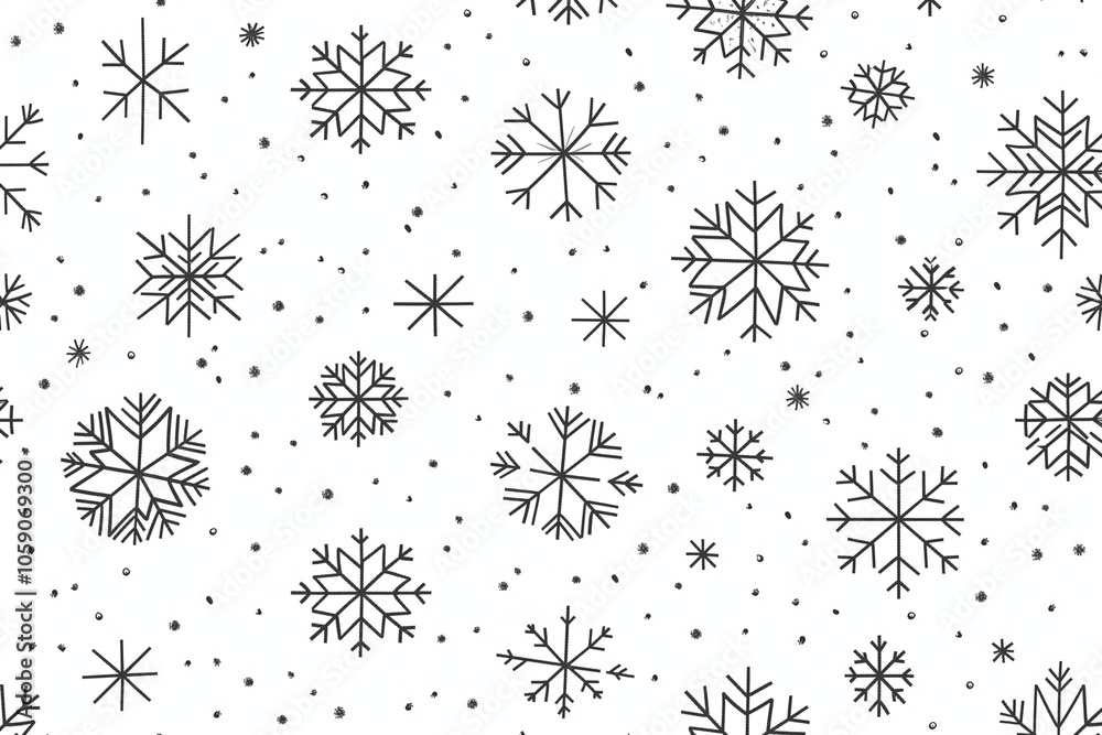 A simple black and white vector pattern of snowflakes on a plain background A simple black and white vector pattern of snowflakes on a plain background