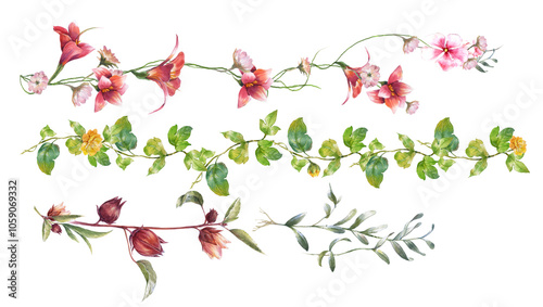 watercolor painting of leaves and flower, on transparent background