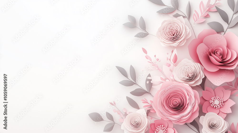 Elegant paper flower arrangement with pink and gray floral cutouts framing a white background. Elegant paper flower arrangement with pink and gray floral cutouts framing a white background.