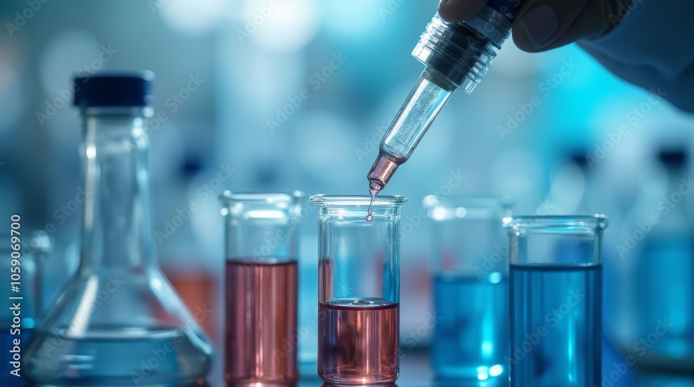Scientist using pipette to drop liquid into test tube in a laboratory. Scientific experiment Scientist using pipette to drop liquid into test tube in a laboratory. Scientific experiment