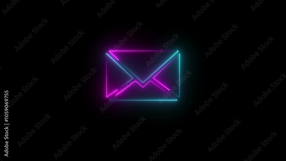 Neon glowing mail icon animation on black background. Mail envelope icon, glowing message symbol icon animation.