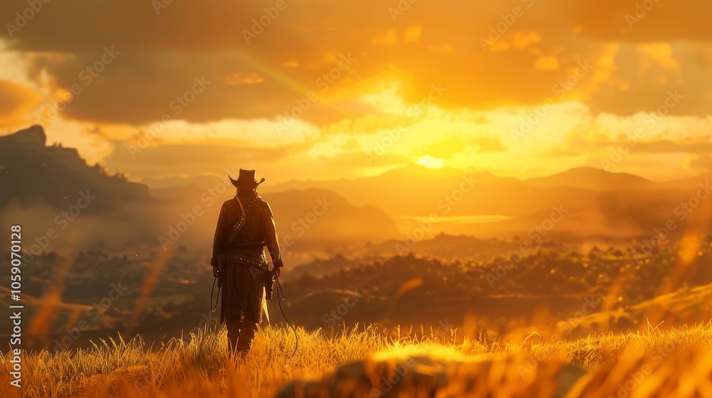 Fototapeta premium Fearless cowboy with lasso stands confidently on grassy plain at golden hour with mountains behind