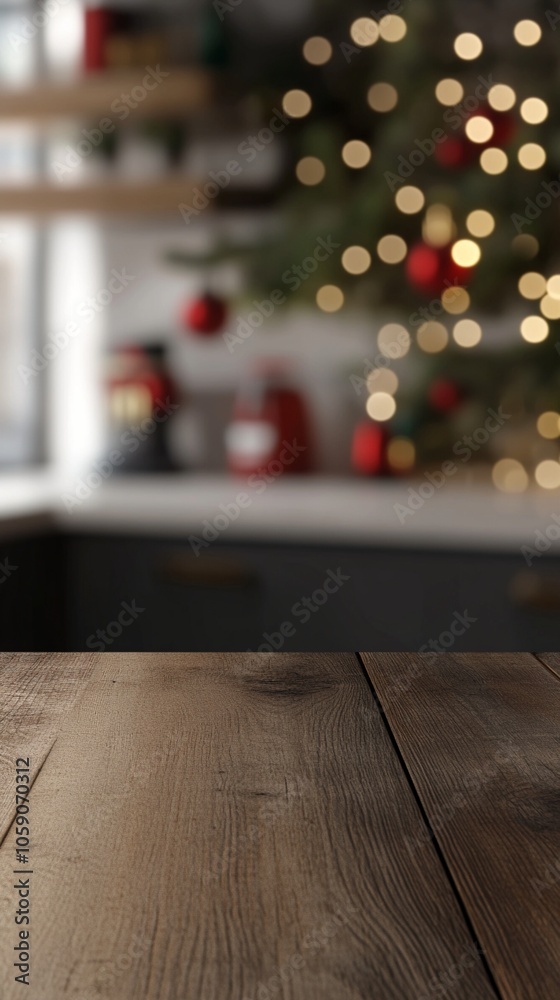 Rustic wooden table in foreground with blurred Christmas decorations and twinkling lights in background, creating a cozy festive atmosphere. Rustic wooden table in foreground with blurred Christmas decorations and twinkling lights in background, creating a cozy festive atmosphere.
