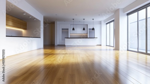 Wallpaper Mural Spacious open-concept kitchen and living area with gleaming hardwood floors, white walls, and modern pendant lights. Minimalist design with clean lines. Torontodigital.ca