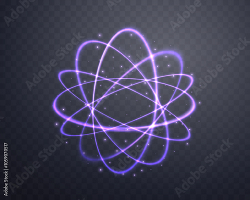 Atom particle, light effect glowing green magic rings. Neon realistic energy swirl. Abstract light effect on a dark transparent background. Vector illustration.