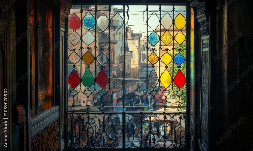 Obraz premium Stained glass window shows busy city street.
