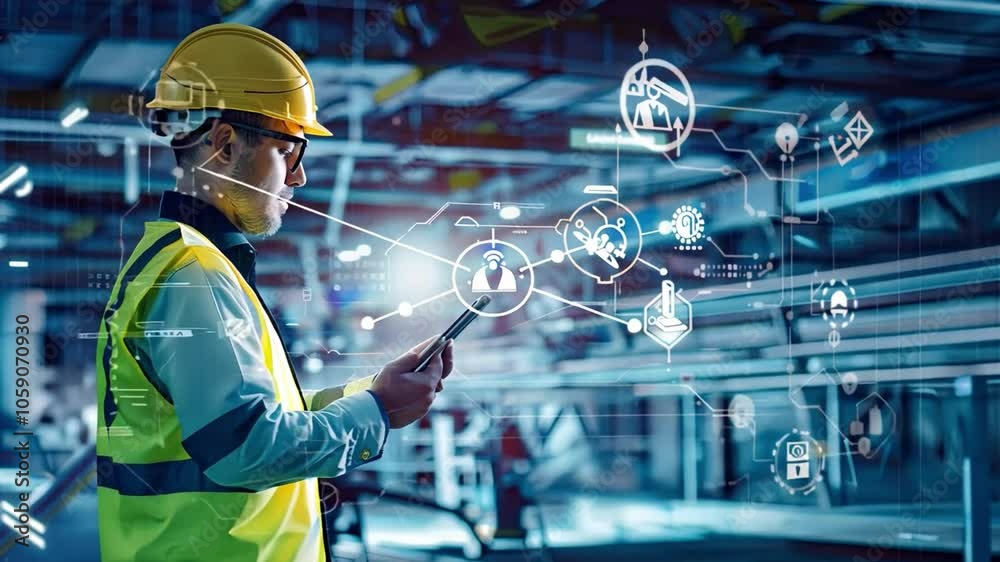 Smart Factory: Industry 4.0 Engineer uses tablet in modern factory. Digital transformation, automation, and technological advancements in manufacturing. 