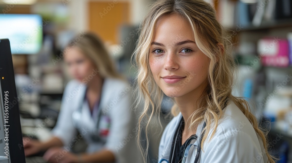 A young female doctor in a white coat smiles at the camera while working in a hospital office. A young female doctor in a white coat smiles at the camera while working in a hospital office.
