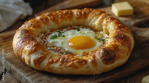 A round pastry with an egg in the center