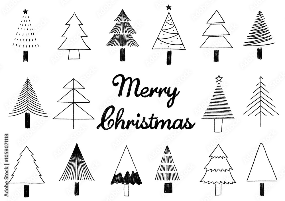 Obraz premium クリスマスツリー 手書き線画イラストセット 装飾