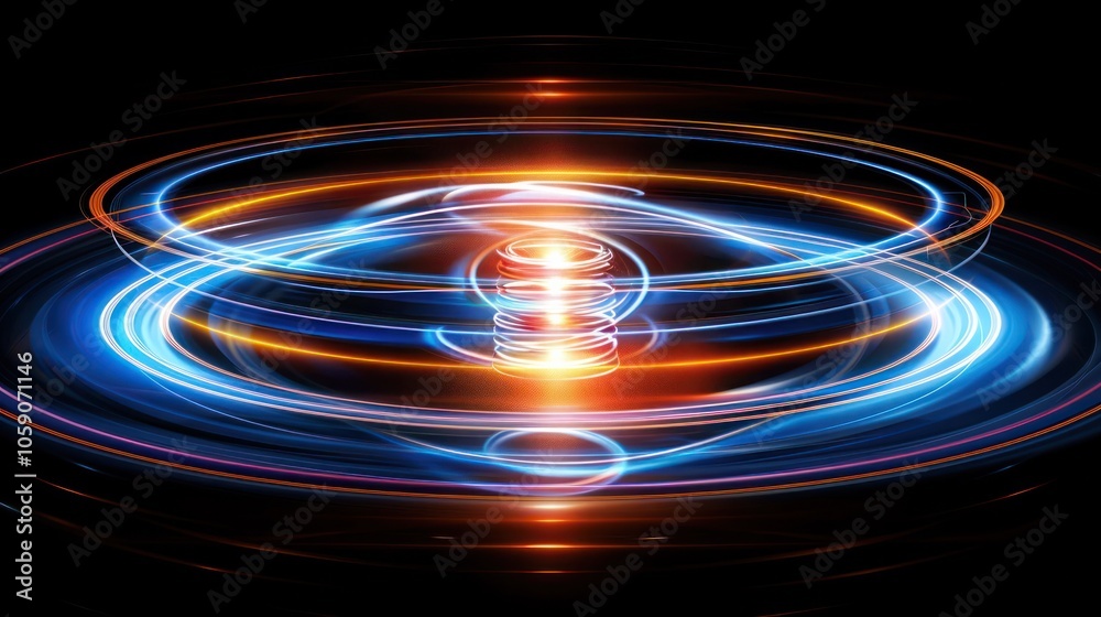 Luminous visualization of magnetic forces around a central object in a dark, empty setting.