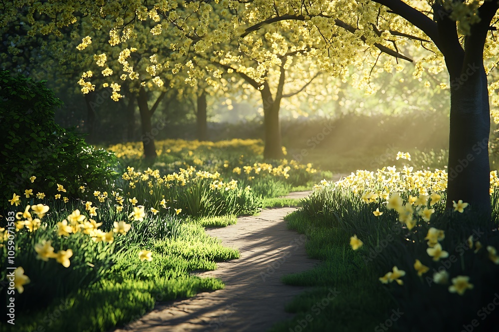 A serene pathway through a sunlit garden filled with blooming yellow flowers. A serene pathway through a sunlit garden filled with blooming yellow flowers.