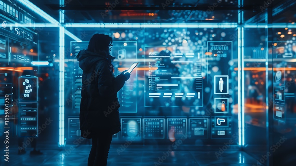 A shopper using a mobile phone with a digital payment screen, surrounded by virtual buttons for payment options, product categories, and real-time shopping stats, all set against a sleek, futuristic A shopper using a mobile phone with a digital payment screen, surrounded by virtual buttons for payment options, product categories, and real-time shopping stats, all set against a sleek, futuristic