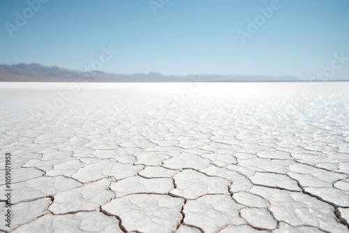  A distant view of a cracked salt flat under a bright sun, showcasing the minimalist beauty and vastness of an arid landscape with abundant copy space.