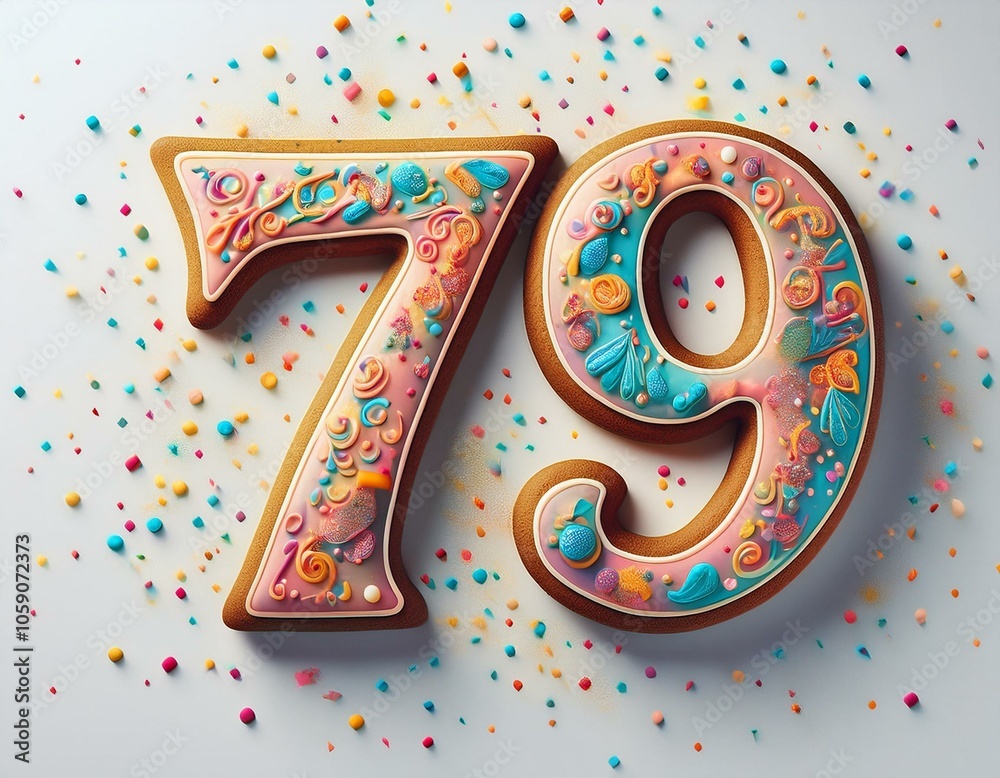 Decorated cookie, number 79, image for birthday or anniversary celebration Decorated cookie, number 79, image for birthday or anniversary celebration