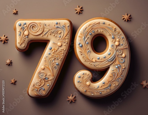 Decorated cookie, number 79, image for birthday or anniversary celebration photo