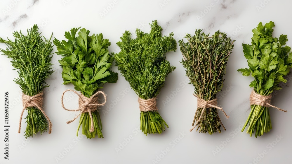 Fresh herb bundles on a marble countertop, aromatic and flavorful.