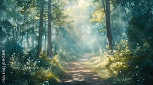 Watercolor painting of a forest path. Sunlit Forest. Illustration