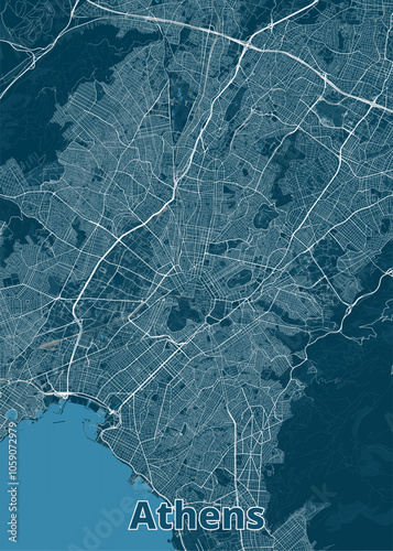 Map of Athens, Greece, showcasing the city's intricate street network. The map features a dense grid of roads and streets, highlighting the urban layout of the city.