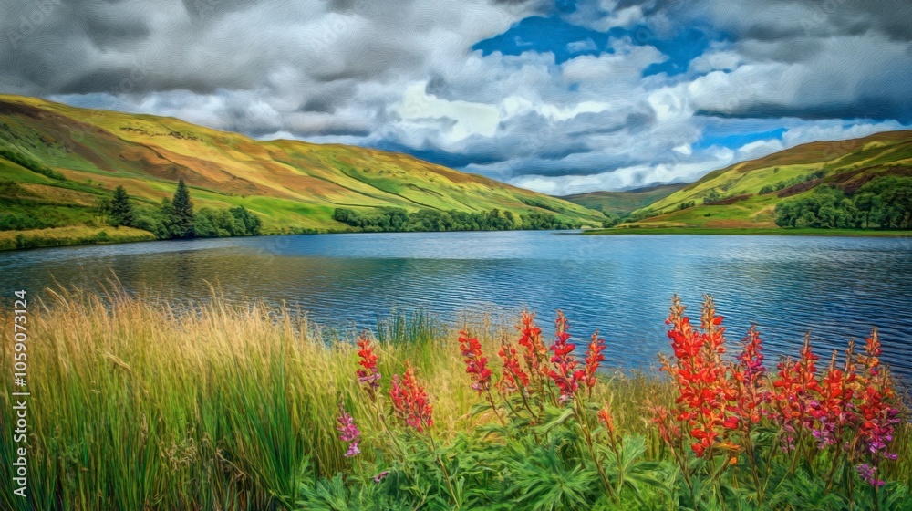 Obraz premium Scenic Lake with Colorful Flowers and Rolling Hills