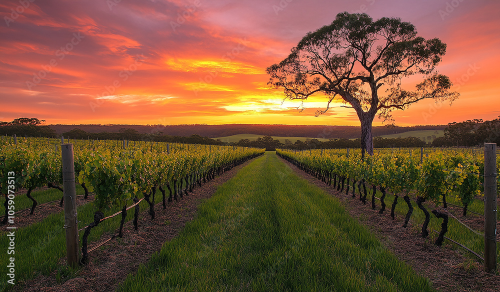 Naklejka premium A panoramic view of the vineyards at sunset, with green grass and trees