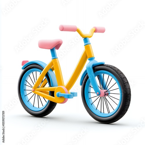 A yellow and blue bicycle with pink accents on a white background.