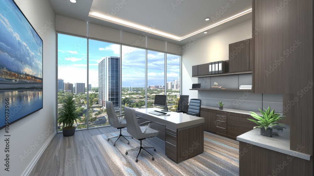 Fototapeta premium Modern Office Interior with City View and Natural Light