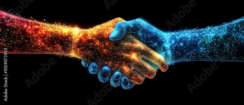 Artistic depiction of a handshake made of digital data streams, representing the connection between social networks and business technologies in fostering partnerships photo