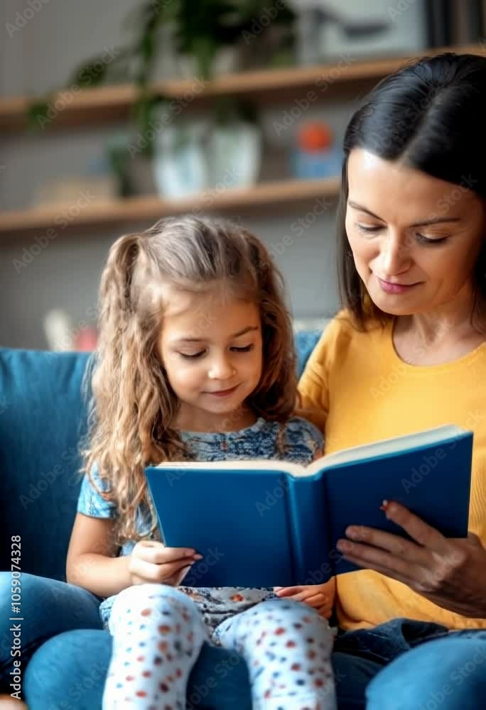 Mother and daughter reading a book together on the sofa Mother and daughter reading a book together on the sofa