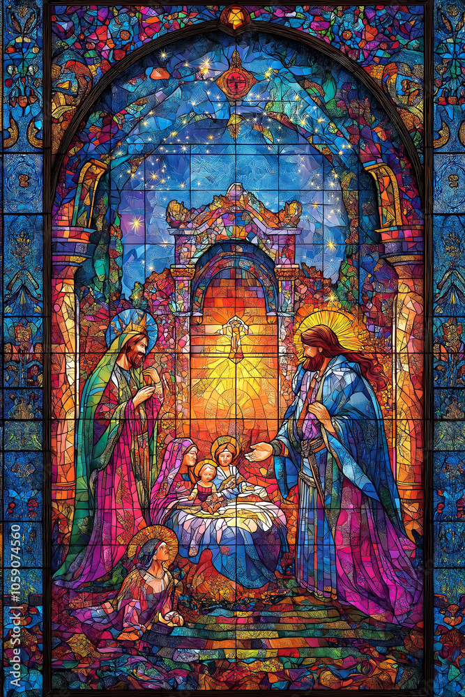 A Stunning Stained Glass Nativity Scene Illuminated By Vibrant Colors Depicting The Birth Of Jesus Christ, With Mary, Joseph, And The Adoring Shepherds And Wise Men Beneath A Star-Lit Sky A Stunning Stained Glass Nativity Scene Illuminated By Vibrant Colors Depicting The Birth Of Jesus Christ, With Mary, Joseph, And The Adoring Shepherds And Wise Men Beneath A Star-Lit Sky