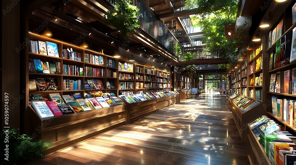 Bookshop Interior with Wooden Shelves and Natural Light
