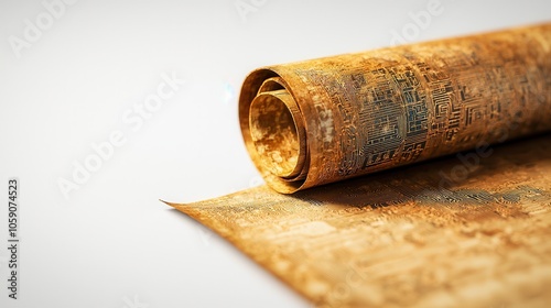 Rolled parchment paper with an antique texture on a white isolate background. photo