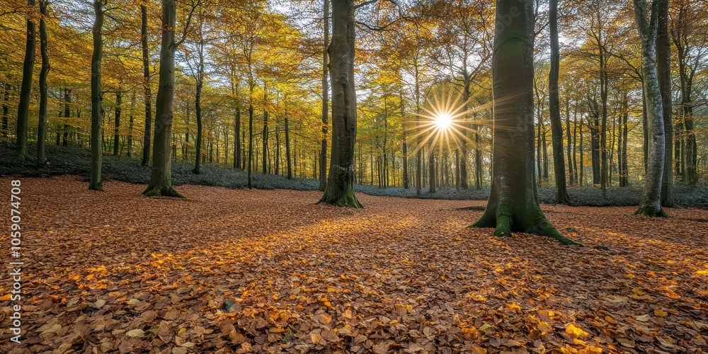Obraz premium Sunbeams Through Golden Autumn Forest