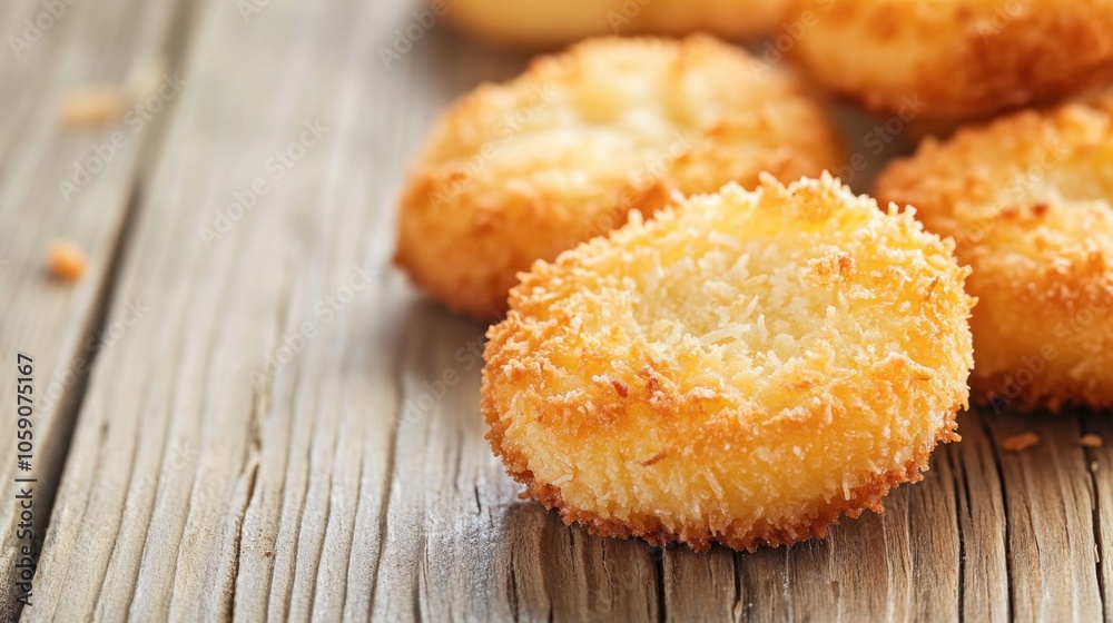 Crispy Coconut Cookies on Wooden Table Crispy Coconut Cookies on Wooden Table