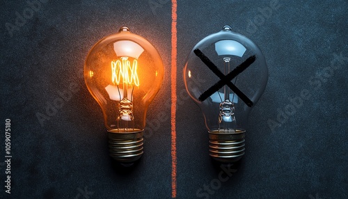 Graphic depicting a light bulb representing positive thinking on one side and a crossedout symbol on the other, symbolizing the contrast between allowed and prohibited thoughts photo