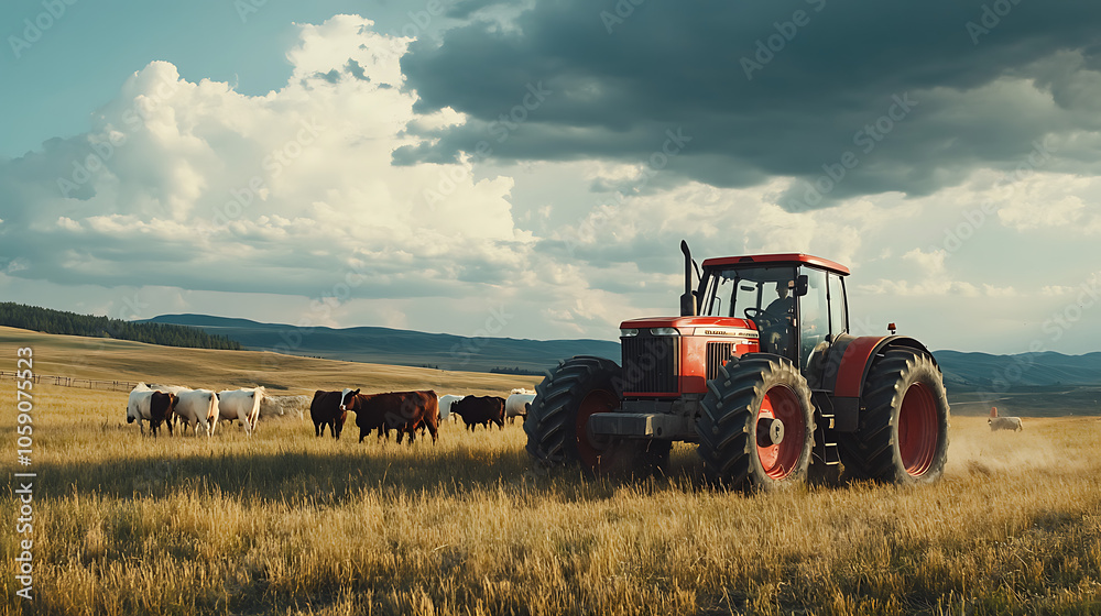 Tractor working in a field with cows grazing under a cloudy sky. Tractor working in a field with cows grazing under a cloudy sky.