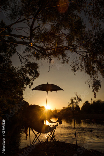 silhouette shot of lake with foldable chair and umbrella under a tree during a sunset photo