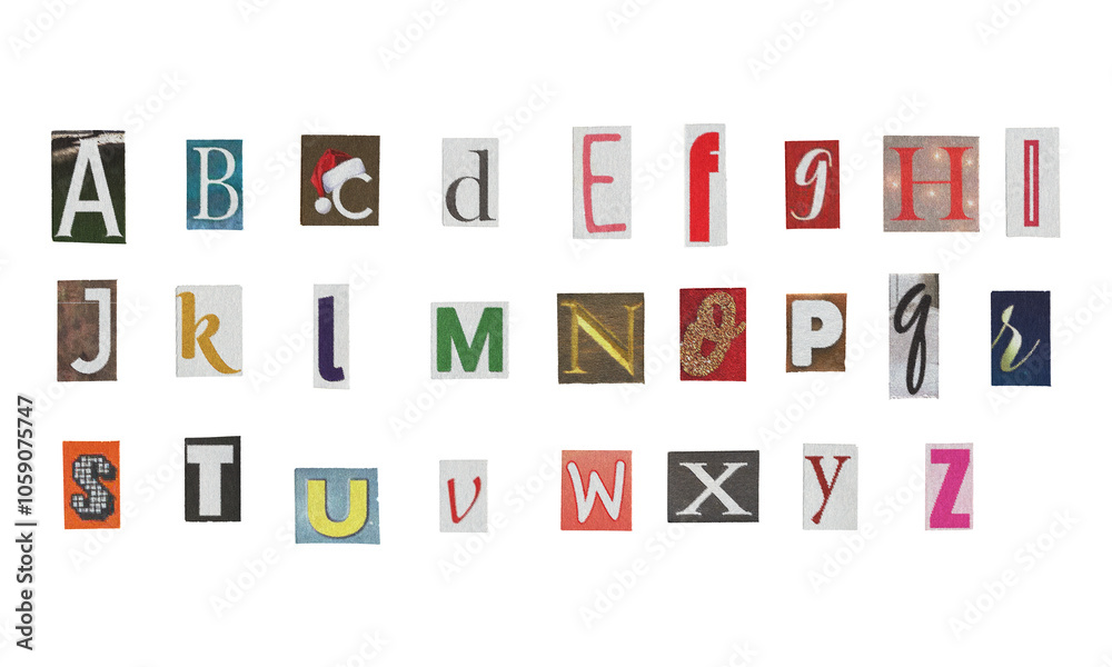 Set of cut-out English alphabet letters from magazines on a transparent background, retro y2k style Set of cut-out English alphabet letters from magazines on a transparent background, retro y2k style
