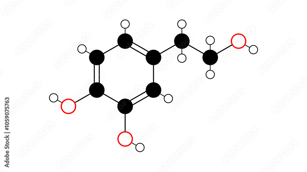 hydroxytyrosol molecule, structural chemical formula, ball-and-stick model, isolated image phenylethanoid